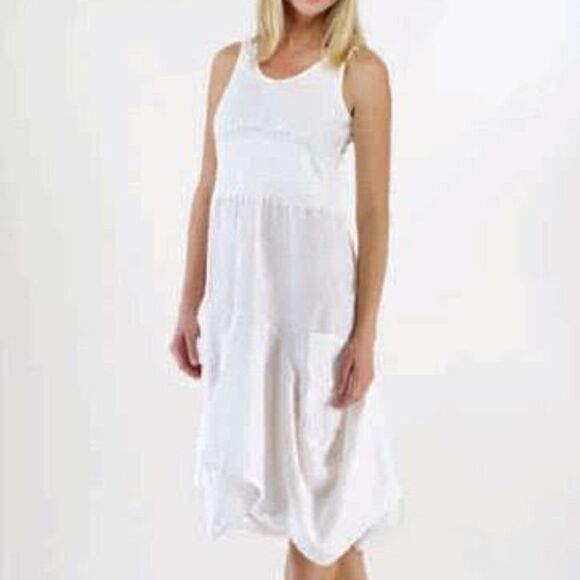 Luna Luz Linen Ribbed Pocket Asymmetrical Dress White Size Medium - Picture 1 of 8